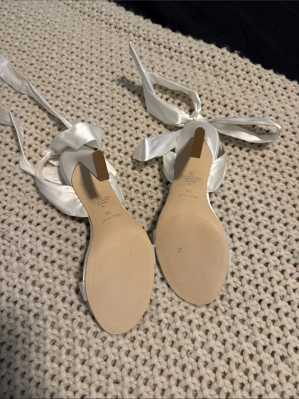 Nine West Ivory Satin Ankle-Tie Heels